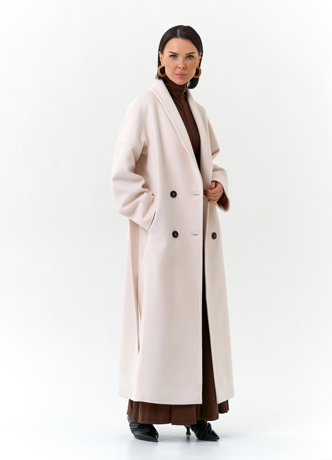 Светлое женское пальто с воротником шаль модель № 32726 универмаг малина