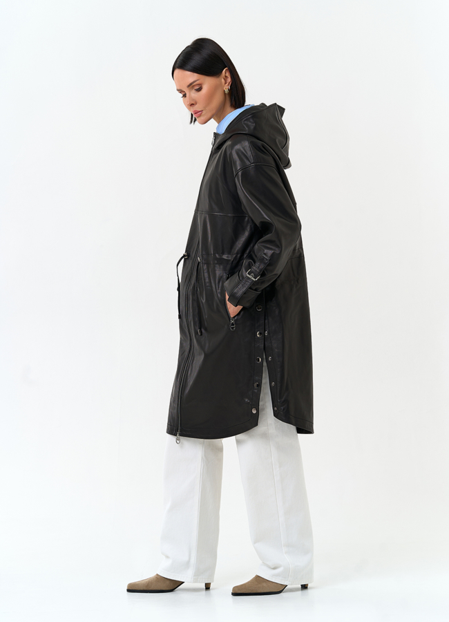 Женский плащ из натуральной кожи с капюшоном модель № 33142 универмаг малина