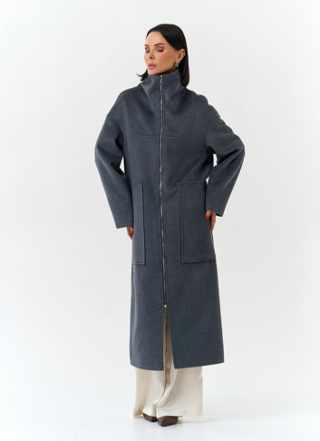 Женское длинное пальто с воротником стойкой