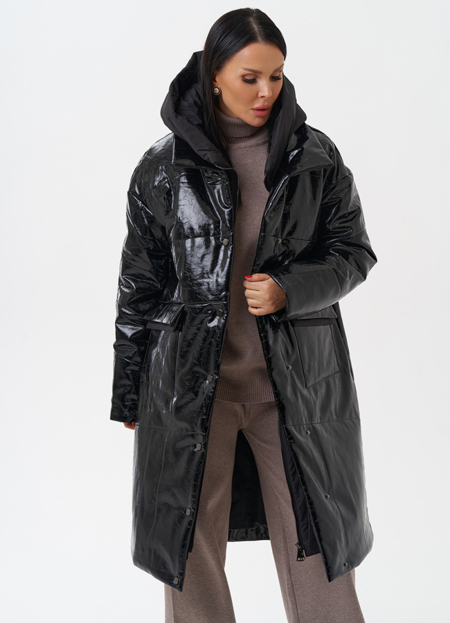 Женский пуховик из эко кожи с капюшоном модель № 28686 меха малина