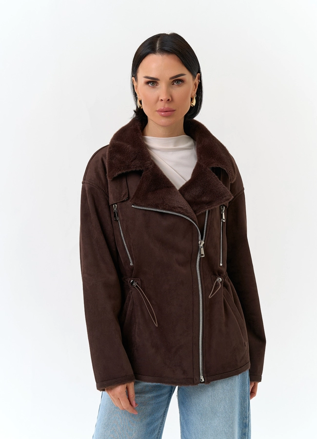 Женская дубленка из эко замши модель № 32792 меха малина