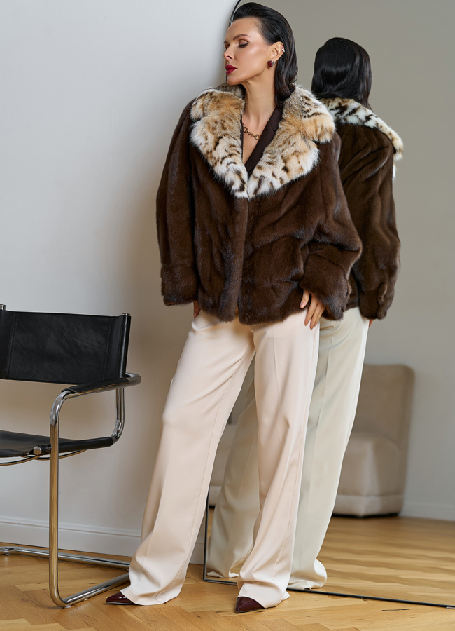 Куртка из меха норки с английским воротником из меха рыси модель № 31756 в рассрочку