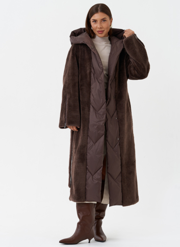 Комбинированное пальто на утеплении с капюшоном