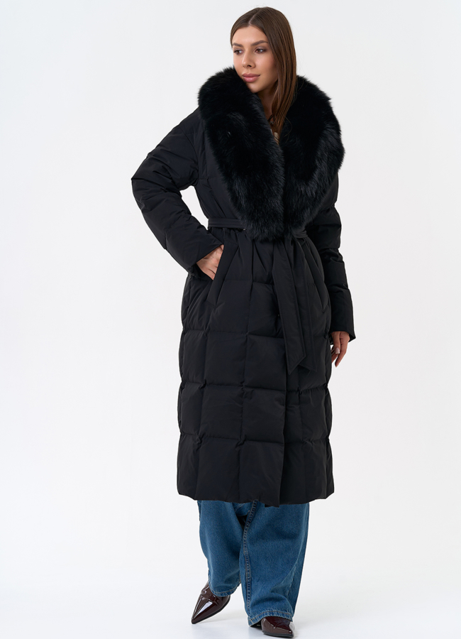 Женский пуховик с воротником из меха песца в черном цвете модель № 31416 универмаг малина