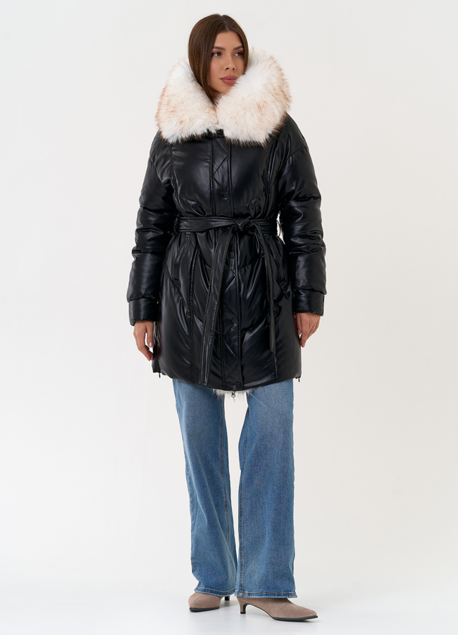 Женский пуховик из эко кожи с отделкой из эко меха модель № 30735 универмаг малина