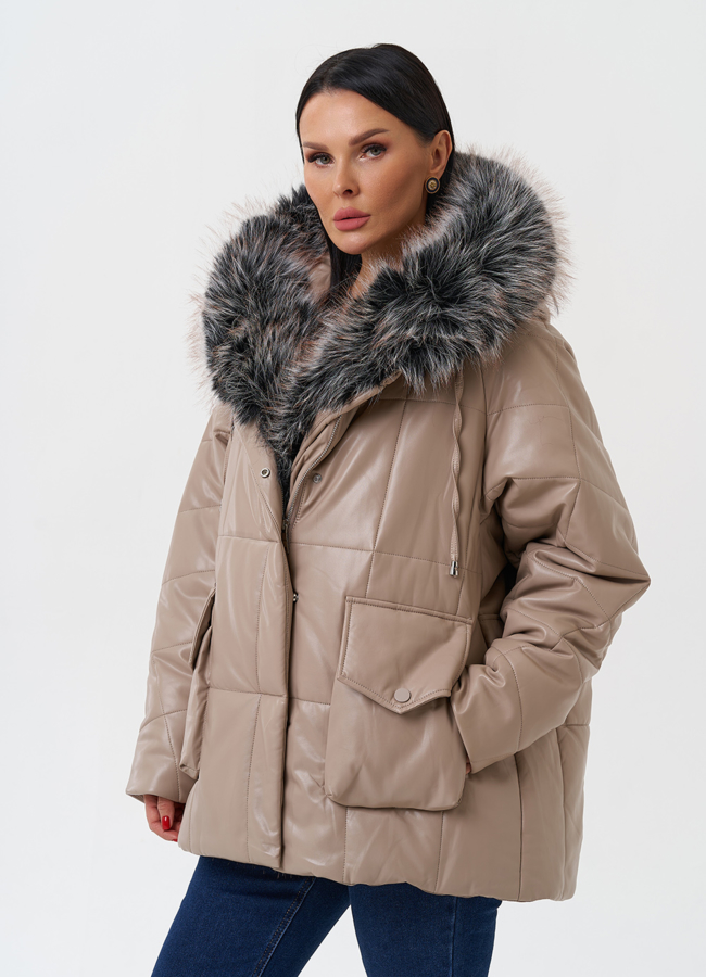 Пуховик из эко кожи с капюшоном из эко меха  модель № 27706 меха малина