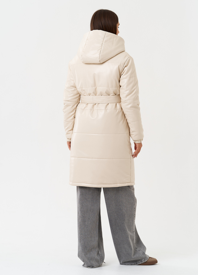 Пуховик из эко кожи с капюшоном модель № 27702 универмаг малина