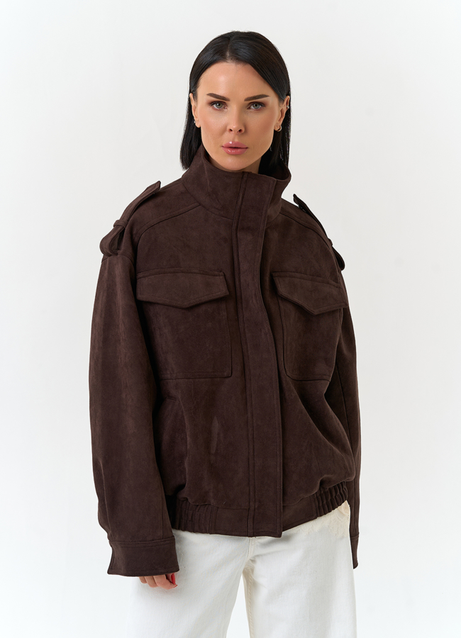 Женская куртка бомбер из эко замши  модель № 33036 меха малина