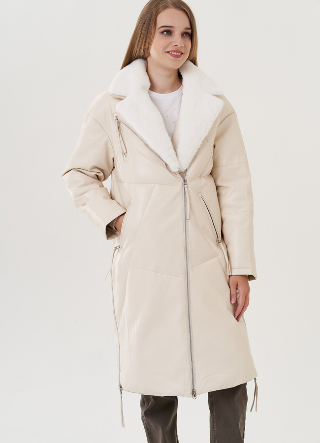 Пуховик женский из эко кожи с английским воротником в светлом цвете модель № 25467 универмаг малина