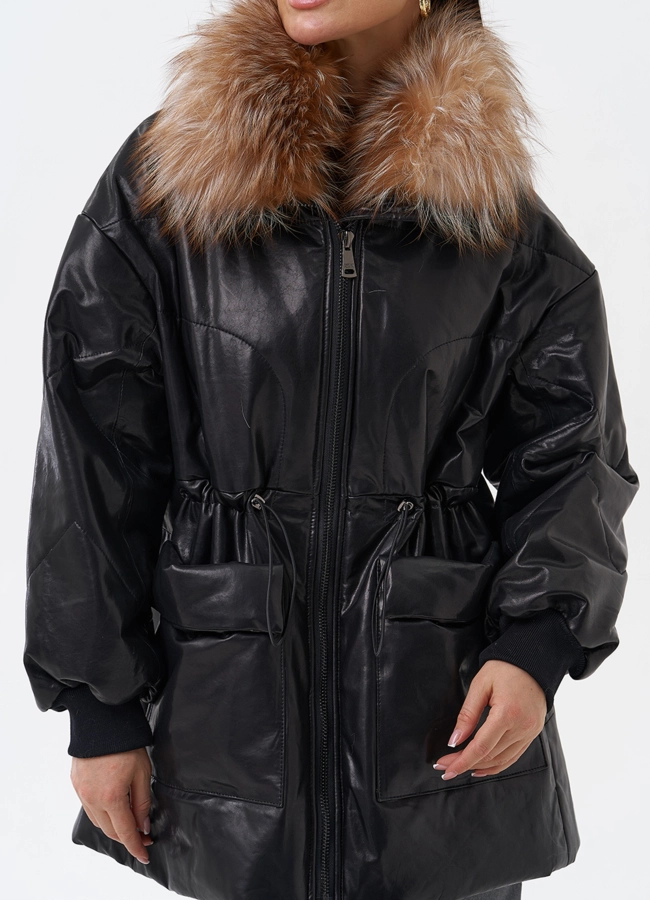 Кожаный пуховик с мехом модель № 29404 в рассрочку фото