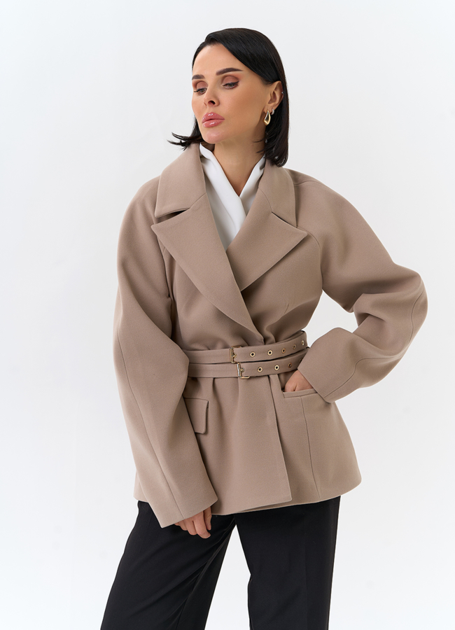 Женское укороченное пальто с двойным поясом модель № 32503 универмаг малина