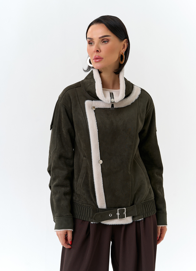 Женская дубленка бомбер из эко замши модель № 32693 универмаг малина