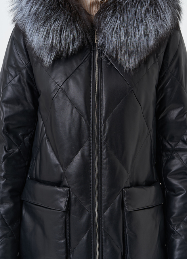 Женский кожаный пуховик с капюшоном модель № 28908 универмаг малина