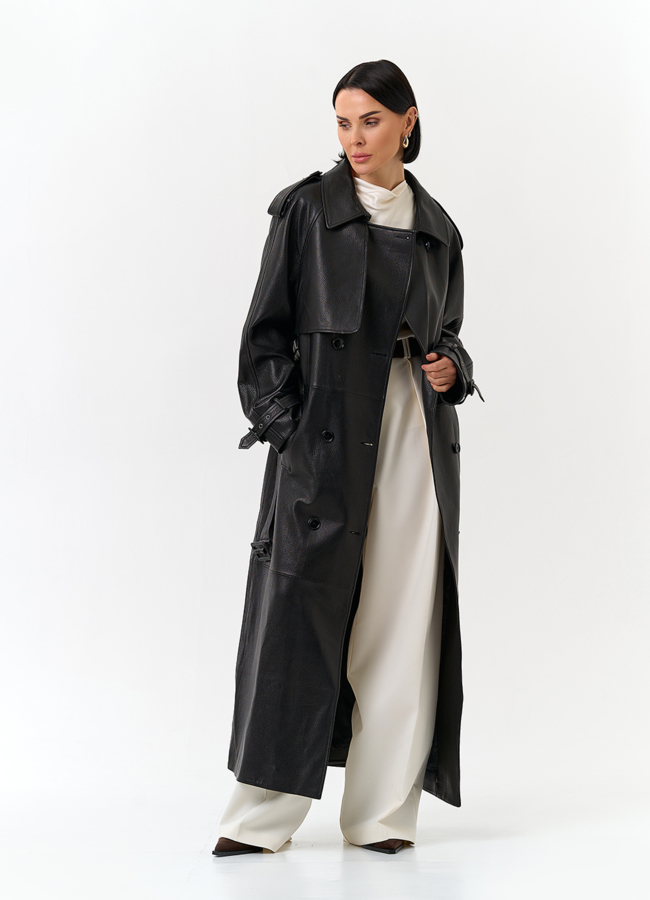 Женский длинный плащ из натуральной кожи модель № 32903 меха малина