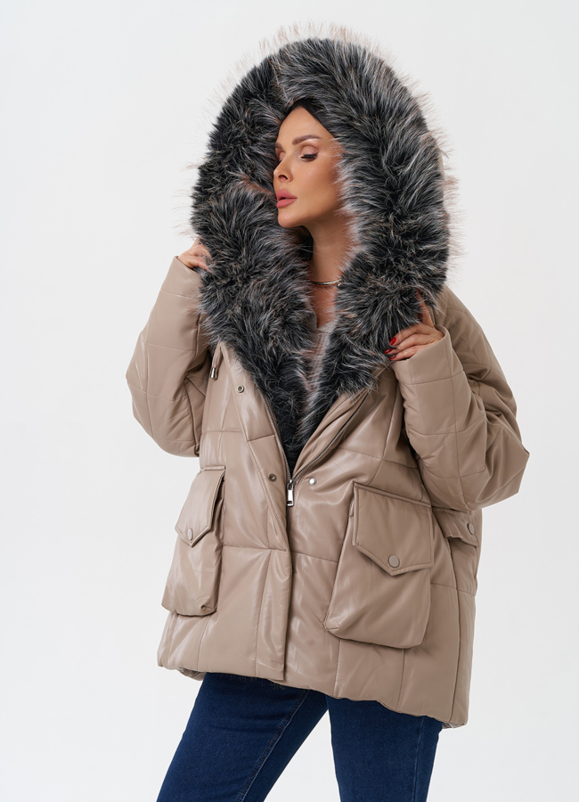 Пуховик из эко кожи с капюшоном из эко меха  модель № 27706 универмаг малина