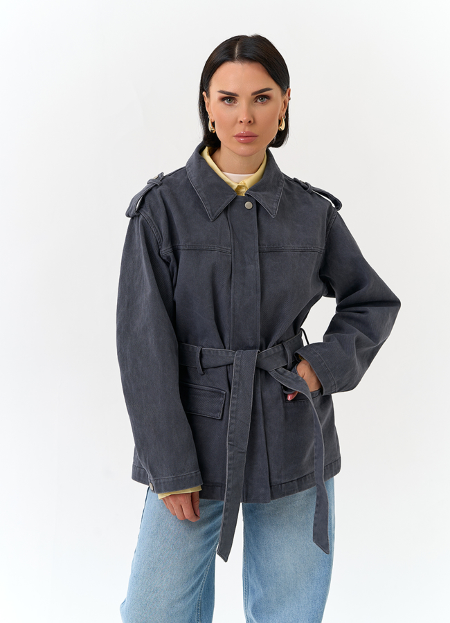 Женская джинсовая куртка с поясом модель № 32824 меха малина