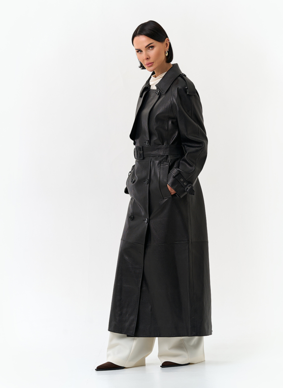 Женский длинный плащ из натуральной кожи