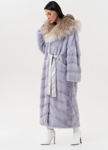 Женская норковая шуба с капюшоном из меха рыси