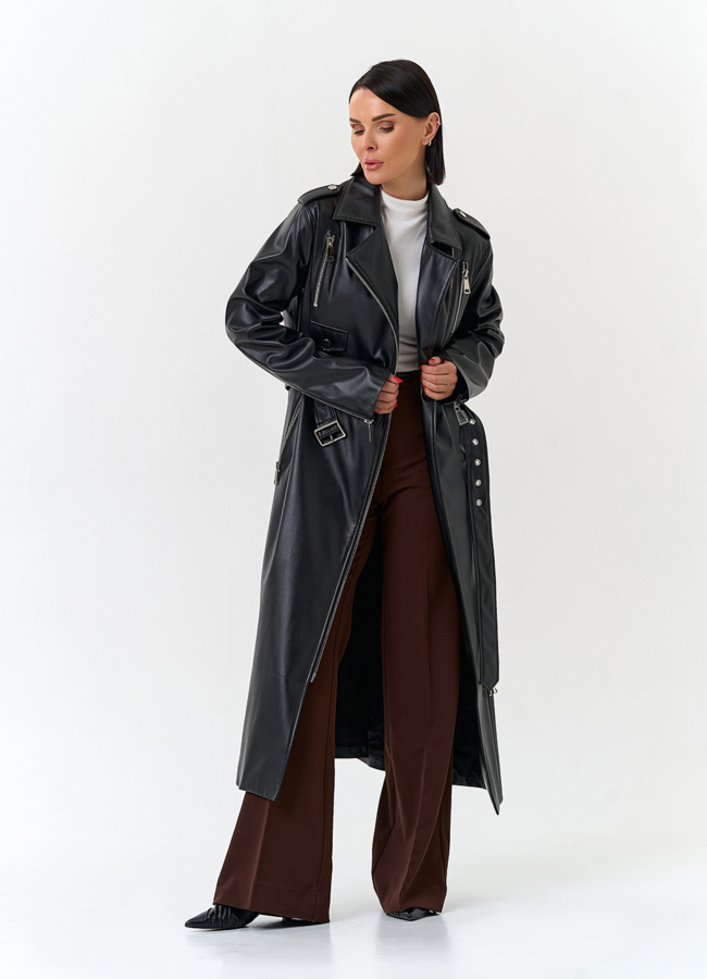 Женский длинный плащ из эко кожи  модель № 27166 универмаг малина