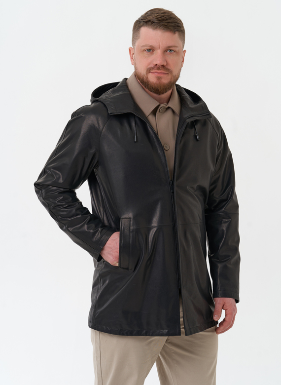 Мужская парка из натуральной кожи с капюшоном