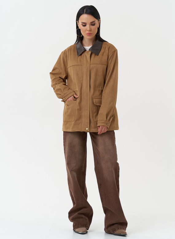 Женская парка из эко замши бежевого цвета