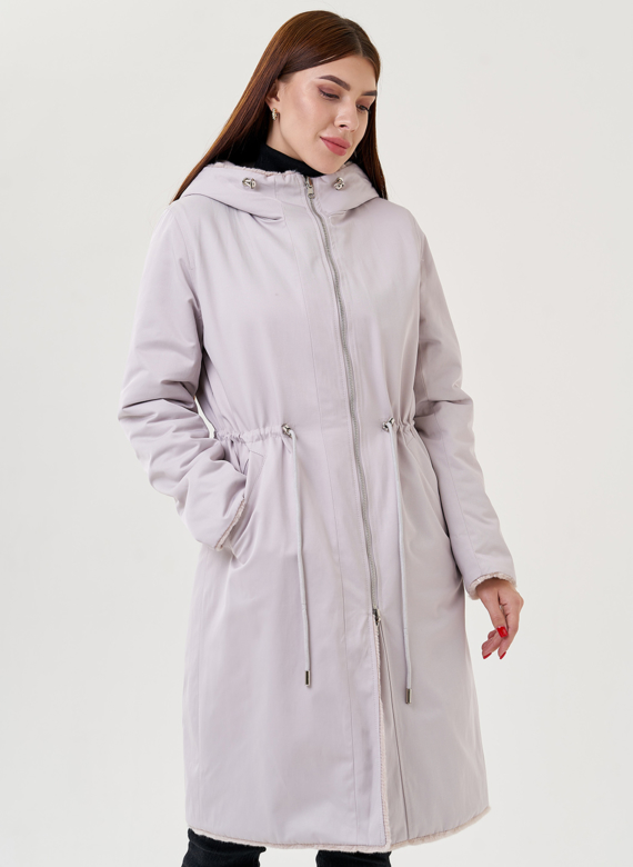 Двухстороннее пальто из эко меха с капюшоном