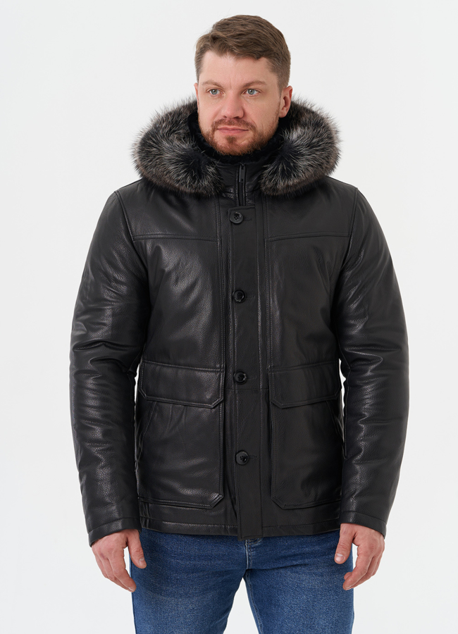 Пуховик из натуральной кожи с мехом енота модель № 25995 меха малина