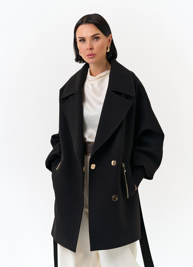 Женское укороченное пальто с декоративными молниями модель № 32805 универмаг малина