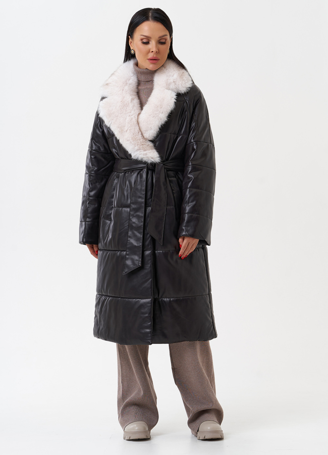 Пуховик из эко кожи с английским воротником модель № 28517 в кредит