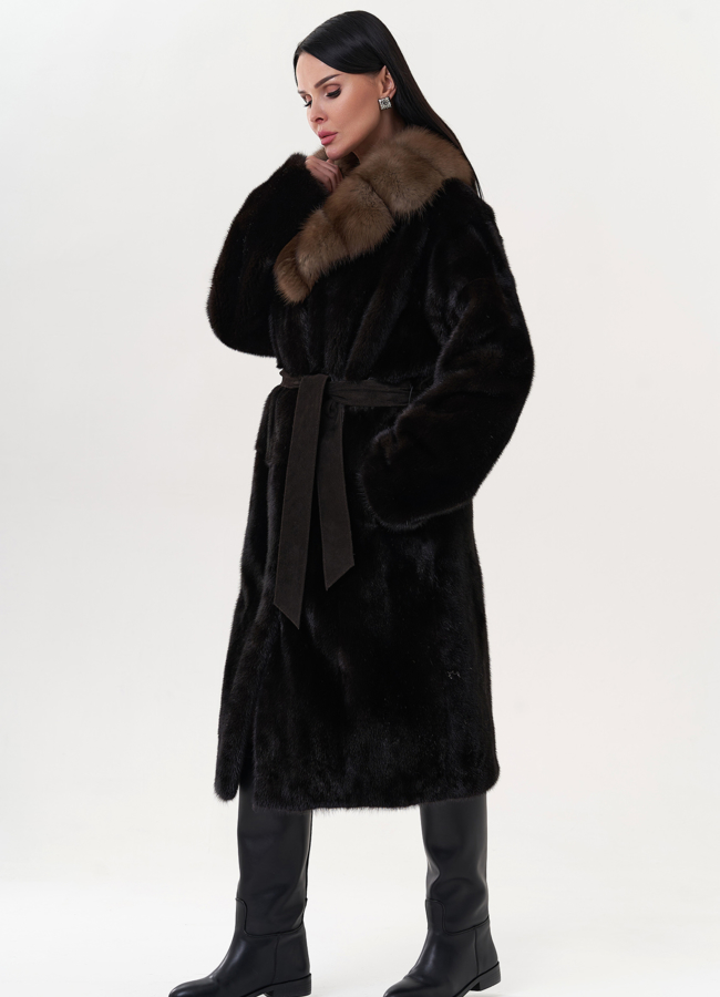 фото Шуба из норки с воротником из куницы модель № 26263
