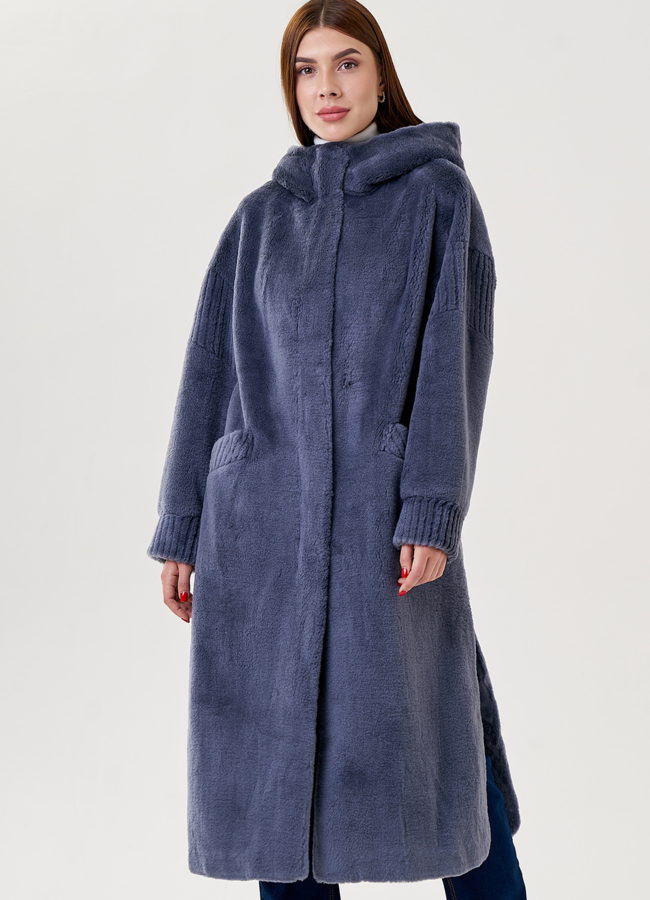 Женское пальто из шерсти с капюшоном  модель № 23522 меха малина