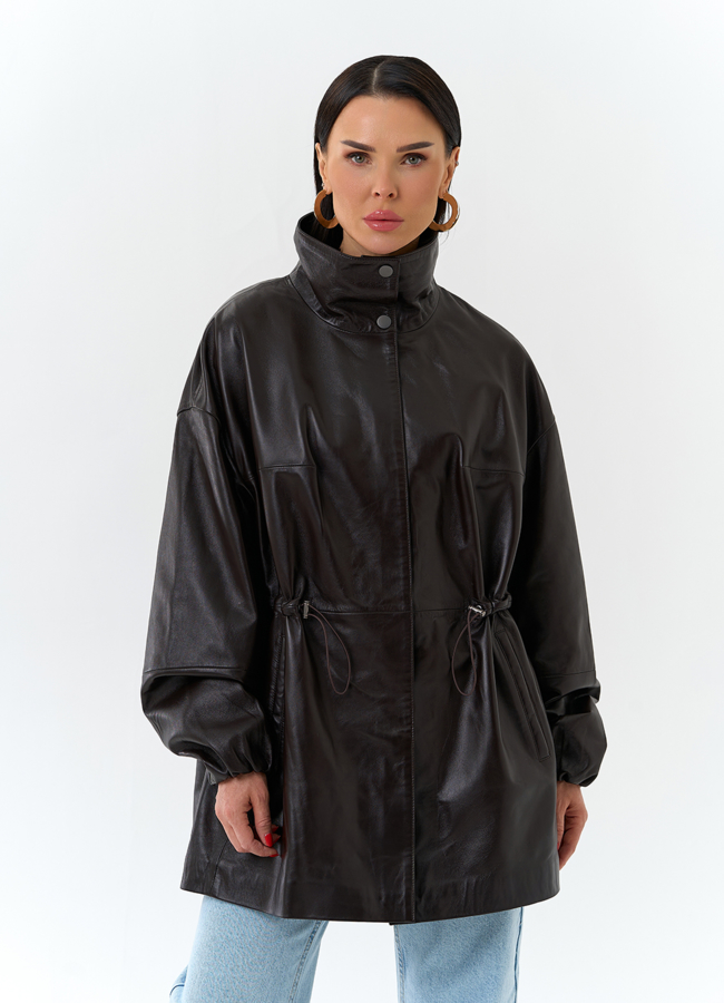 Куртка из натуральной кожи с воротником стойка модель № 32871 меха малина