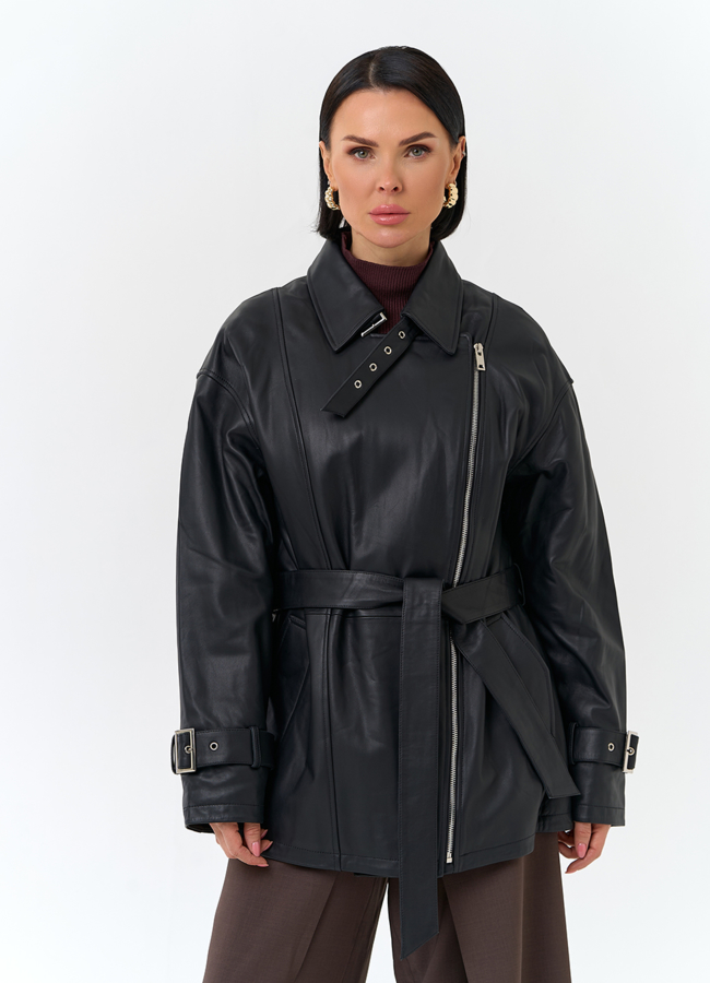 Женская куртка из натуральной кожи с поясом модель № 25364 универмаг малина