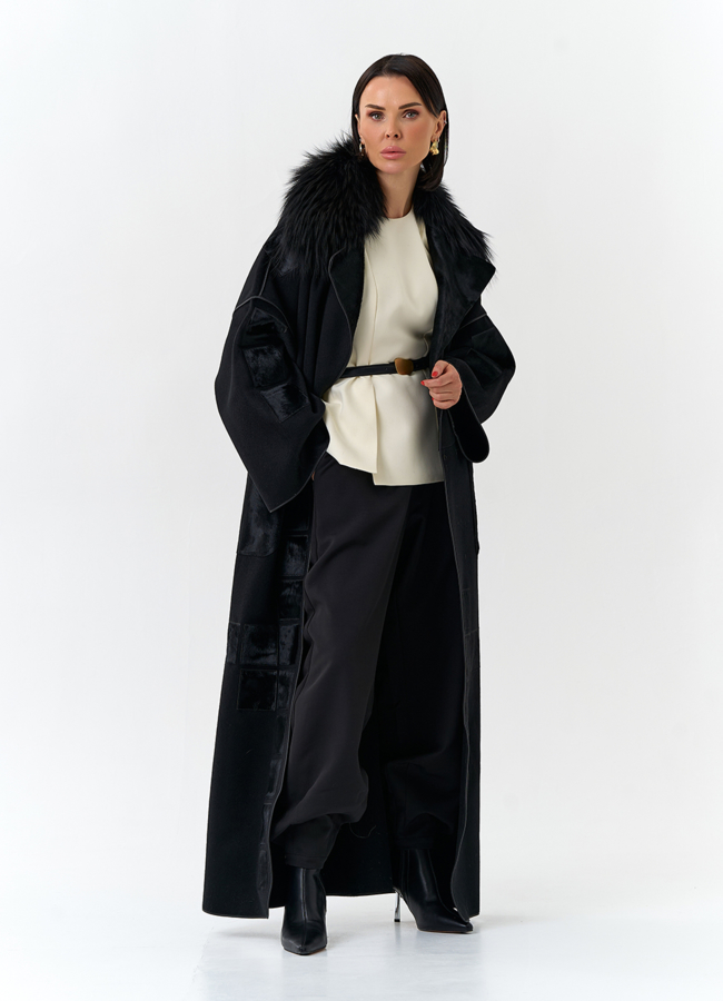 Женское длинное пальто с отделкой из меха лисы модель № 32649 универмаг малина