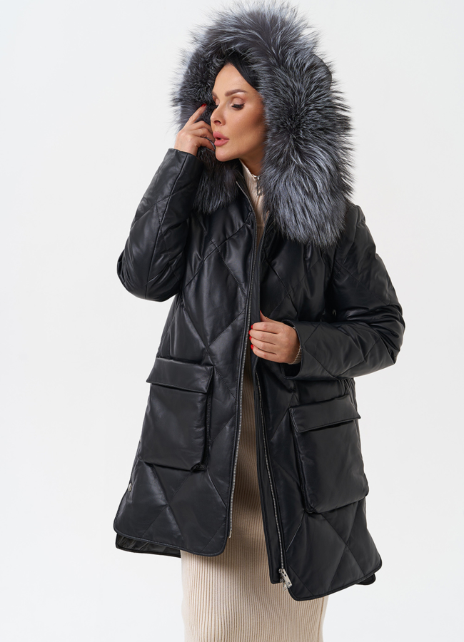 Женский кожаный пуховик с капюшоном модель № 28908 универмаг малина