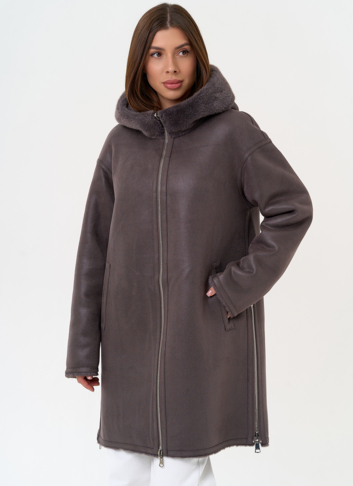 Женская двухсторонняя дубленка из эко замши с капюшоном