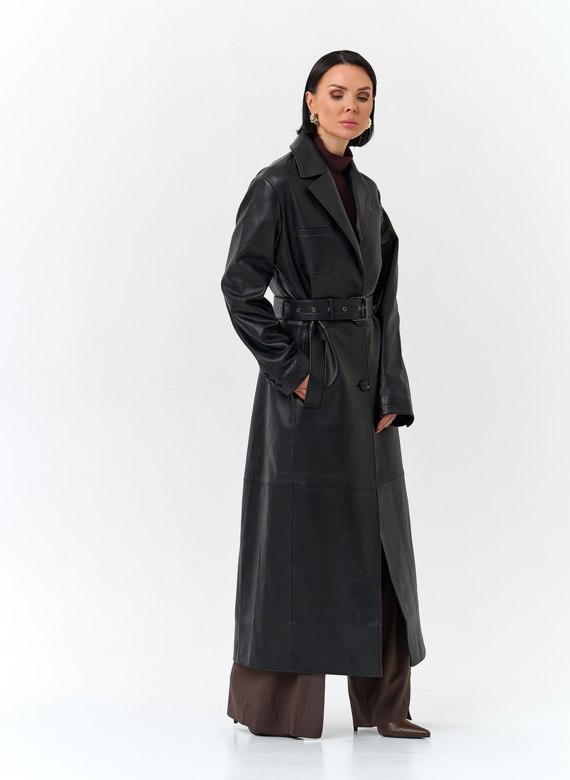 Женский длинный плащ из натуральной кожи
