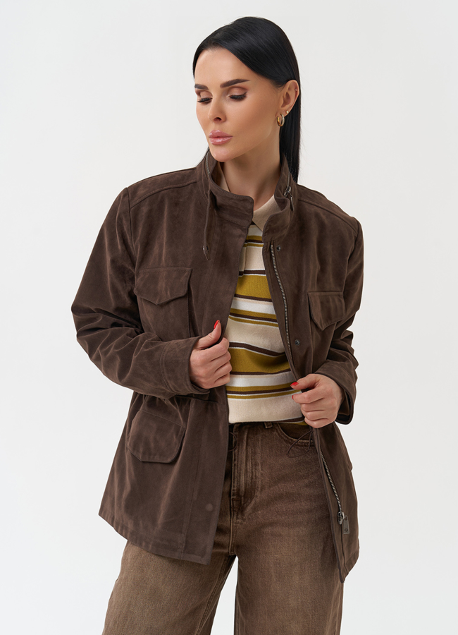 фото Женская парка из эко замши коричневого цвета модель № 30420