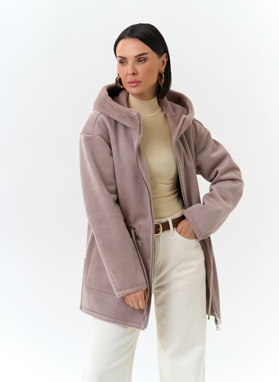 Двухсторонняя дубленка из эко замши с капюшоном