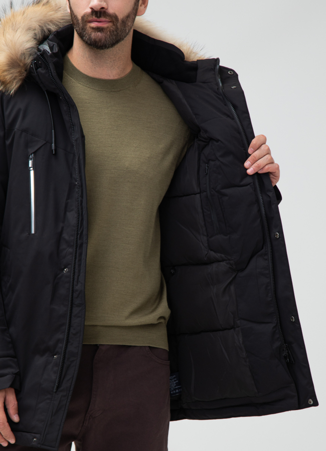 Мужской пуховик с капюшоном из меха енота модель № 28403 универмаг малина