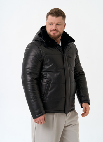 Мужской пуховик из натуральной кожи с капюшоном