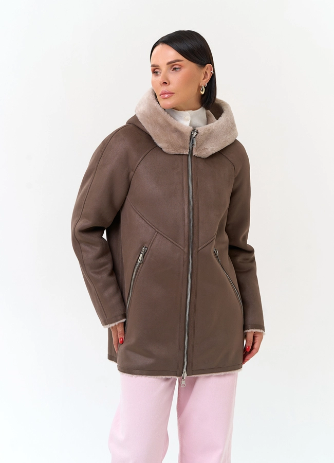 Женская дубленка из эко замши модель № 33889 универмаг малина