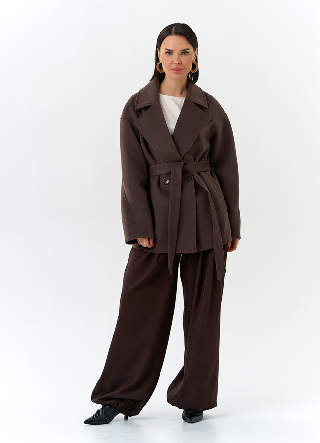 Женское укороченное пальто с поясом модель № 32683 в кредит