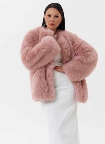 Шуба из эко песца в нежно-розовом цвете