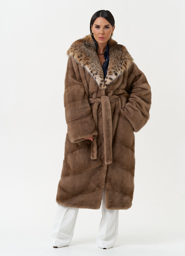 Женская шуба из меха норки с капюшоном из меха рыси модель № 31162 меха малина